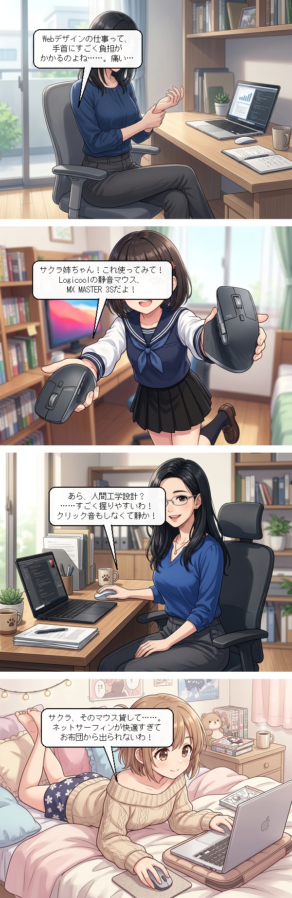 🤖 【AI4コマ】第3話:手首が限界!?サクラの超高速・静音マウス効率化計画